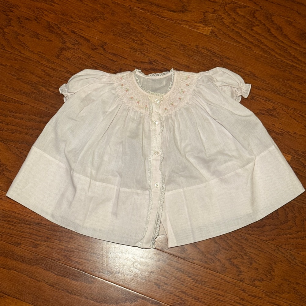 Vintage 1980s Soft Pink Bishop-Style Smocked Front Button Dress